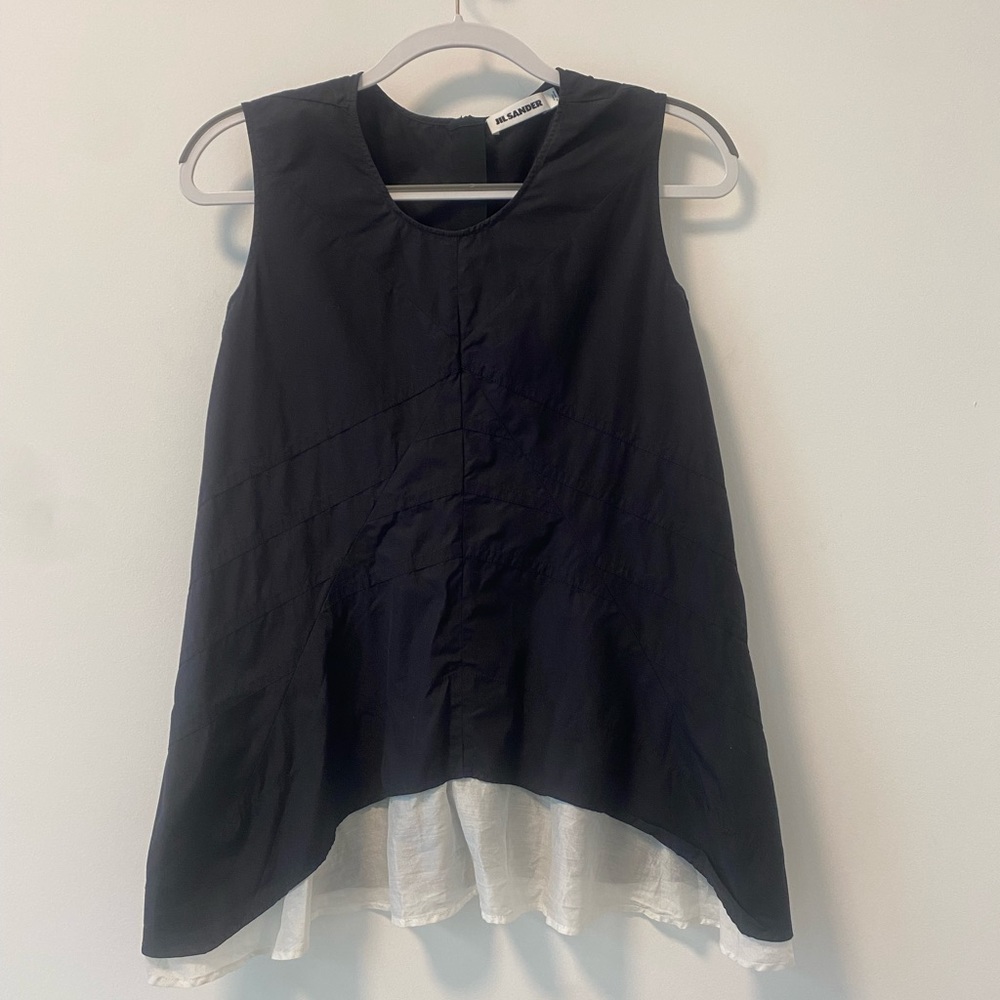 Jil Sander Baby Doll Style Asymmetrical Sleeveless Blouse Top Black and White 40
